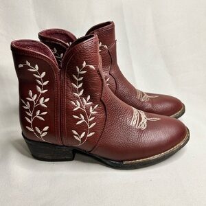 Embroidered Burgundy Leather Ankle Boots